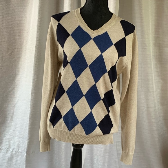 Unisex cotton long sleeved argyle sweater - Picture 2 of 10